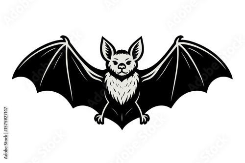 Flying bat with open wings vector illustration. Spooky Halloween night creature symbol. Horror animal mascot logo icon. Black and white monochrome wildlife mammal design.