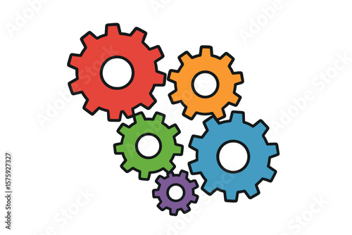 Colorful Interlocking Gears Vector Illustration. Teamwork, Collaboration, Engineering, Mechanical Process, Technology Concept. Multicolor Cogs, Machinery Parts, Isolated on White Background