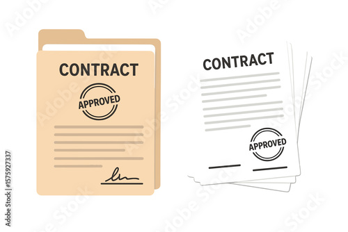 Contract papers and folder with approval stamp and signature, stack of signed agreement documents, official contracts, business paperwork, legal documents, vector