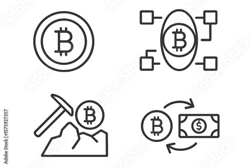Cryptocurrency icon set. Bitcoin linear collection. Digital money and blockchain technology symbols. Crypto mining, exchange and payment outline pictograms for web and app.