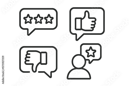 Customer satisfaction icons. Feedback line icon set for web and mobile app. Rating stars, like, dislike, customer experience, user review, client opinion, evaluation.