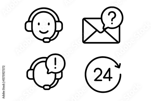 Customer service and support line icon set. Call center operator, 24/7 help, online assistance, contact us via email. Thin line vector symbols for web, mobile app, UI, UX.