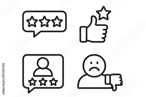 Customer satisfaction icon set. Feedback and review concepts. Like and dislike buttons. Thumbs up and down. Star rating system for customer experience and client evaluation.