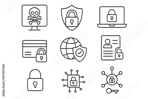 Cyber security thin line icon set. Data protection, network security, computer hacking. Privacy concept, personal data, internet safety. Antivirus, encryption, vpn pictogram.
