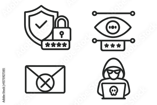 Cyber security icon set. Internet data protection. Hacker attack, phishing mail, password access, network safety. Line style web icons for app. Shield, lock, hacker, virus.