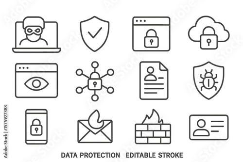 Cybersecurity and data protection line icon set. Editable stroke web symbols for internet safety, privacy, hacking, network, firewall, virus, phishing, personal data, cloud.