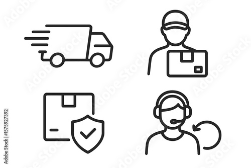 Shipping and logistics icon set. Line art icons for express delivery, courier service, insured package, and customer support. Perfect for web design, e-commerce, mobile apps.