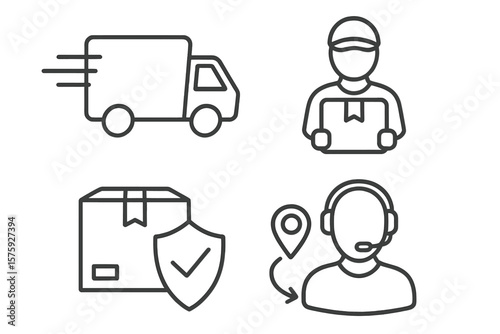 Delivery and logistics line icon set. Shipping service, express delivery truck, courier with box, cargo protection insurance, and tracking operator for web and mobile apps.