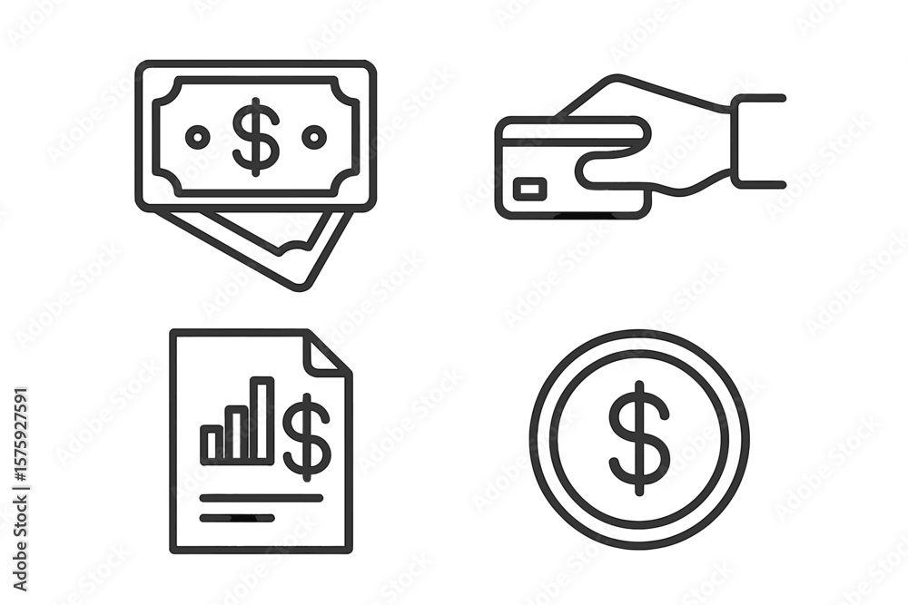 Finance and money line icon set. Banking, payment, and investment symbols. Financial report, credit card, cash, and coin vector illustrations for web and mobile apps.