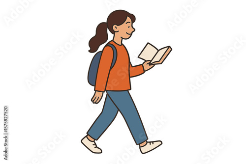 Young girl student walking and reading a book. Schoolgirl with backpack enjoying literature. Concept of education, knowledge, learning, study, hobby, and intellectual development.
