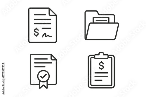 Financial documents line icon set. Business contract with signature, file folder, approved certificate, and payment invoice or clipboard report. Money and banking symbols.