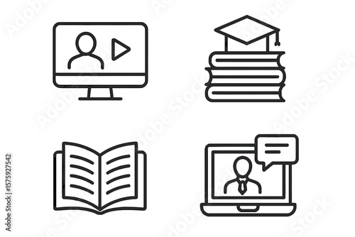Education and e-learning line icon set for web and mobile app. Symbols for online course, video tutorial, webinar, knowledge, study, school, university, and graduation.