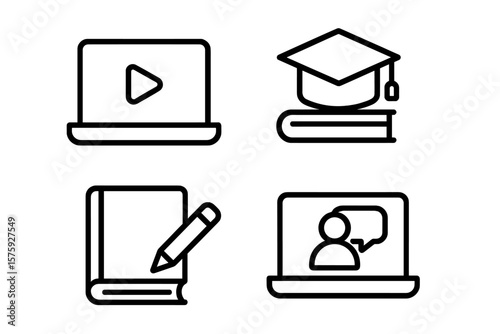 E-learning and online education icon set. Thin line style vector icons for web and mobile apps. Concepts of video tutorial, graduation, knowledge, webinar and university study.