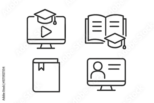 Education icon set in thin line style. E-learning, online course, video tutorial, webinar concept. Vector symbols for web design, mobile app, study, knowledge, graduation.