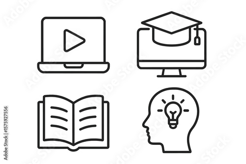 Education icon set. E-learning, online course, webinar, video tutorial, knowledge, study, graduation concepts. Thin line web icons for mobile app. Distance education.