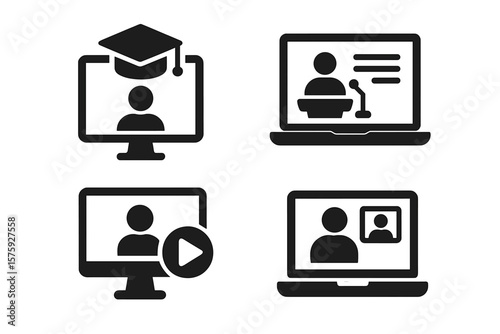 E-learning icon set. Online education concept for web and mobile app. Distance learning, video tutorial, online lecture, virtual school, university webinar solid icon pack.