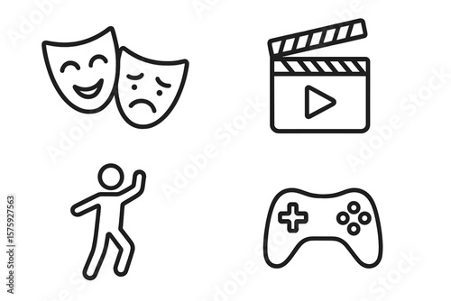 Entertainment and lifestyle icon set. Line art web icons for mobile apps. Theater masks, cinema clapperboard, dancing person and game controller. Vector graphic symbols.