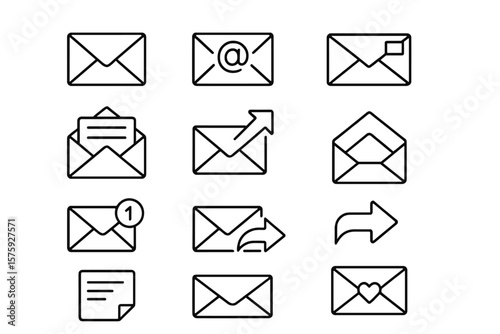 Email and mail line icon set. Collection of simple outline web symbols. E-mail communication signs for UI UX design. Message, letter, send, receive, inbox, reply vector icons.