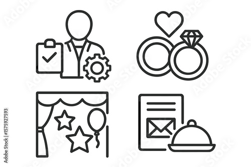 Event planning line icon set. Event organisation and management service symbols. Wedding planner, entertainment, party decor, catering and invitation vector pictograms for web.