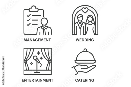 Event planning and organization icon set. Thin line art symbols for party services like wedding planning, management, entertainment, and catering. Editable stroke vector signs.