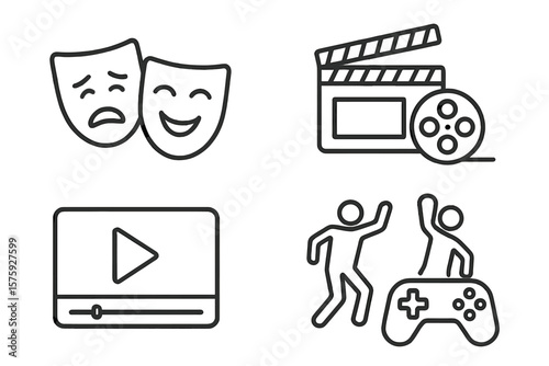 Entertainment icons set in thin line style. Pictogram collection for web and mobile app. Theater masks, cinema clapperboard, video player, dancing and gaming concept.