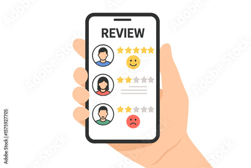Hand holding phone with customer review ratings. User feedback with good and bad rate on smartphone screen. Client experience satisfaction survey. Five star feedback concept.