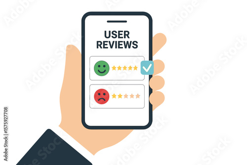 Hand holding phone with positive user review. Customer giving five star feedback for good experience. Client satisfaction survey, quality service rating and evaluation concept.