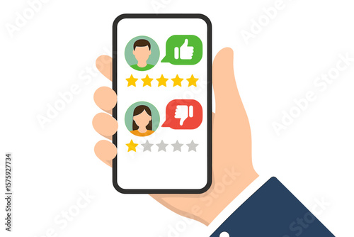 Hand holding phone with review rating. User reviews good bad on smartphone screen. Customer feedback experience rating. Testimonial survey. Client choosing quality service.