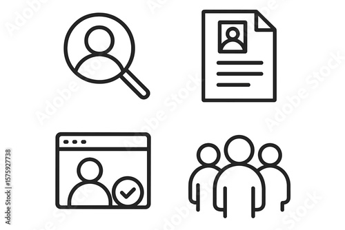 Headhunting icon set. Recruitment web icons. Line art for career and job hiring. Candidate search, resume, CV, HR, human resources, business team, employment pictogram.