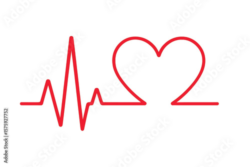 Heartbeat line with heart shape. EKG or ECG cardiogram. Red heart rhythm pulse. One line drawing. Medical, healthcare, cardiology concept. Love symbol. Vector illustration.