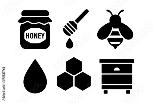 Honey Bee Icon Set. Beekeeping, Honey Jar, Honeycomb, Hive, Dripping Honey, Apiculture Symbols. Vector Illustration for Honey Harvest, Beekeepers, Nature, Pollination, Sweet Food, Organic Product