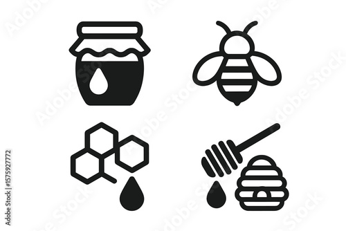 Honey Bee Icons Set. Honey Jar, Bee, Honeycomb, Beehive, Honey Dripper. Sweet Natural Honey Harvest. Black Silhouette Vector. Apiary, Beekeeping, Organic Product, Insect, Nature, Food Symbol