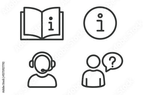 Set of information and help desk line icons. Customer support service, user manual, faq, guidebook, contact us. Vector outline pictograms for web and mobile app UI UX.