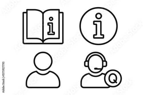 Information and help desk line icons set. Vector symbols of user manual, guidebook, instructions, customer support, FAQ, contact us for web, website and mobile app interface.