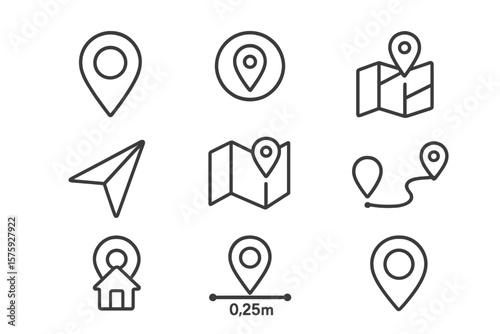 Location web icon set. Map pin linear icons. Address, place, location, GPS, directions, navigation, map, distance, marker, destination, route, pointer, geo, tracking.