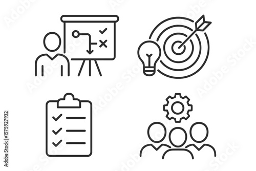 Project Management Linear Icons Set. Business Strategy, Teamwork, Planning, Checklist, Target, Idea, Collaboration, Leadership. Startup, Organization, Success, Web and Mobile App