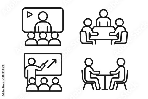 Business meeting and webinar icons set. Line style vector symbols for conference, team discussion, classroom training, interview, online seminar, corporate presentation