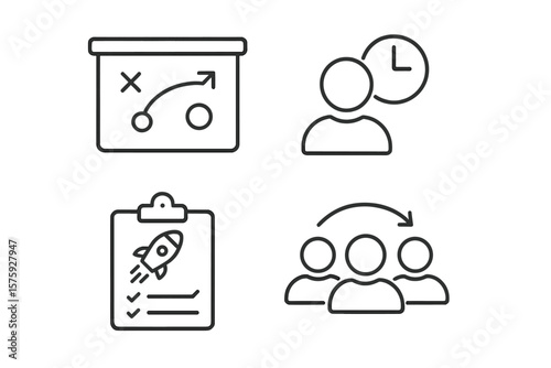 Set of 4 Linear Style Management Icons for Web and Mobile App. Project Management, Business Organization, Planning, Startup, Teamwork, Strategy, Checklist, Time Management.