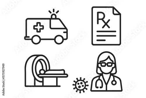 Emergency Medical Ambulance, Prescription RX, MRI Scanner, Doctor and Virus Icon Set. Healthcare, Hospital, Medical Equipment, Diagnosis, Treatment, Healthcare Professional, Line Style Vector