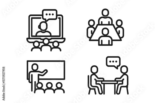 Business meeting, online webinar, classroom training, interview icons set. Line style vector. Conference, teamwork, education, discussion, communication, corporate presentation