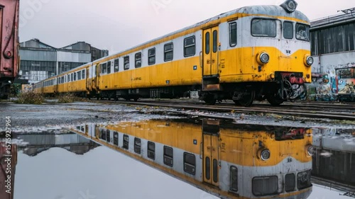 Weathered yellow train reflecting in puddle, rail yard