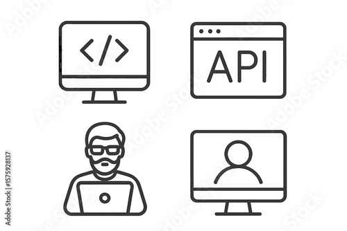 Set of 4 Web Development Line Icons: Coding, API, Programmer with Laptop, User Profile on Monitor, Software Development, Information Technology, Web and Mobile App, Developer Tools