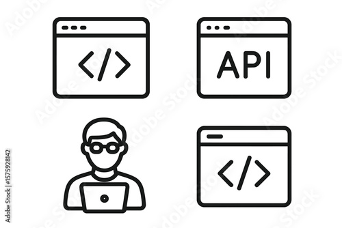 Web Development Line Icons Set – Code Symbol, API Interface, Programmer with Laptop, Developer Tools, Software Engineering, Coding, Application, Technology, IT, Web, Mobile, Outline