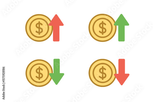 Financial Growth and Decline Icon Set. Dollar Coin with Up and Down Arrows. Price, Rate, Profit, Cost Change. Money Symbol. Vector Illustration for Finance App, Website, UI