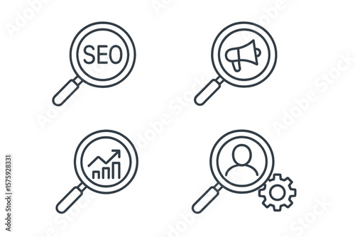 Magnifying Glass Line Icons Set. SEO, Digital Marketing, Data Analysis, Management, Investigation, Search, User Optimization, Trend Chart, Web Analytics, Find, Research, Strategy, Linear Style