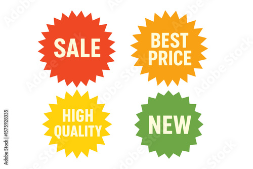 Sale Sticker Set, Price Tag Starburst Badges, High Quality Sunburst Labels, Retro Stars, Flat Vector Design Elements, Promotional Speech Bubbles, Attention Grabber Icons