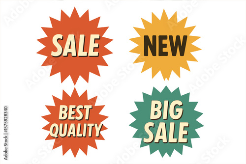 Retro Starburst Sale Stickers Collection. Sunburst Price Tags, Quality Badges, Attention Grabber Speech Bubbles. Flat Vector Design Elements for Promotion, Discount, New Product, Best Quality