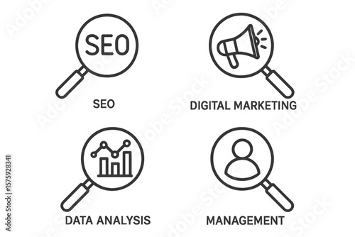 Magnifying Glass Web Icons Set for SEO, Digital Marketing, Data Analysis, Management, Investigation, Search, Find, Outline Style