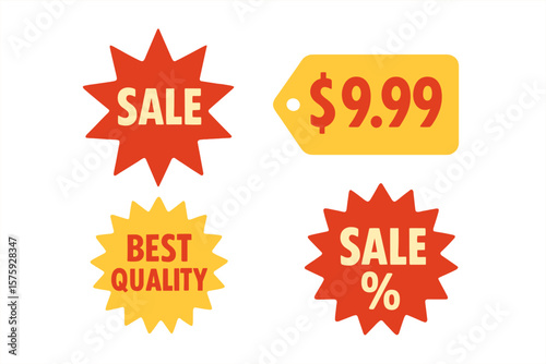Sale Stickers and Price Tags Set. Starburst and Sunburst Badges. Retro Sale, Discount, Best Quality, $9.99 Price Label. Flat Vector Design for Promotion, Attention Grabber, Marketing