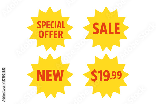 Bright Yellow Sale Starburst Badges Set – Special Offer, Sale, New Product, Price Tag, Shopping Promotion, Discount Label, Retail Marketing, Store Advertising, Price Point, Quality Mark